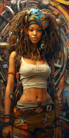 High Resolution: African-American woman with large curly dreadlocks adorned in steampunk-style headgear and mechanical accessories download. | HRJPG.com