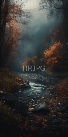 High Resolution: Autumn forest scene featuring a gently flowing rocky stream with reflective water in its center download. | HRJPG.com