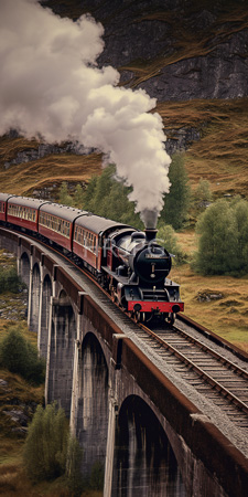 High Resolution: Old-fashioned black steam locomotive with white smoke pulling red and cream passenger cars across tall arched stone viaduct download. | HRJPG.com