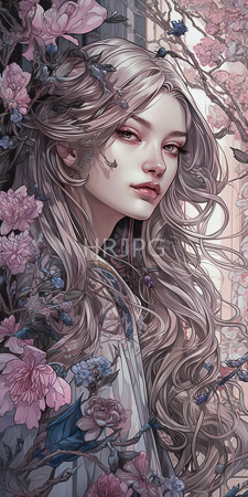 High Resolution: Ethereal fair-skinned woman with long wavy silver hair adorned by small blue butterflies and pink flowers download. | HRJPG.com