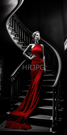 High Resolution: Elegant woman with fair skin and blonde hair standing on dark wooden spiral stairs in dramatic black-and-white lighting download. | HRJPG.com