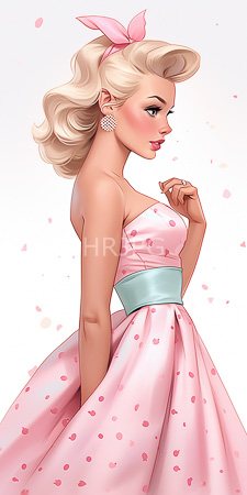 High Resolution: Elegant blonde woman with wavy hair wearing pink polka-dotted strapless dress and light blue waistband download. | HRJPG.com