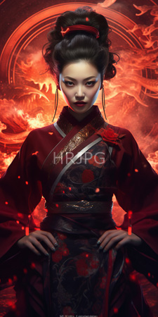 High Resolution: Asian woman with pale skin and red lipstick wearing traditional Japanese attire in deep crimson adorned with gold patterns download. | HRJPG.com