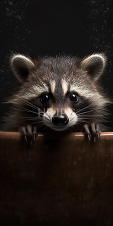 High Resolution: Adorable raccoon with dark glossy eyes and soft fur peeking over a brown wooden surface against a black background download. | HRJPG.com