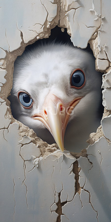 High Resolution: Albatross's head emerging through cracked white plaster wall with large blue eyes and pinkish-beige beak download. | HRJPG.com