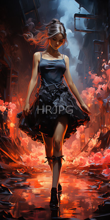 High Resolution: Anime-style young woman with light brown hair wearing a black spaghetti-strap dress and ruffled skirt standing in fiery ruins download. | HRJPG.com