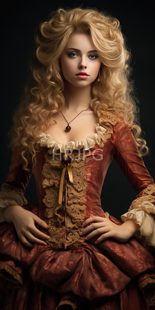 High Resolution: Ethereal young woman with long wavy blonde hair and fair skin against a dark background wearing a rich red Renaissance-style dress download. | HRJPG.com
