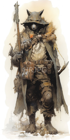 High Resolution: Watercolor-style drawing of an anthropomorphic wolf warrior with dark fur wearing tattered brown cloak and pants download. | HRJPG.com
