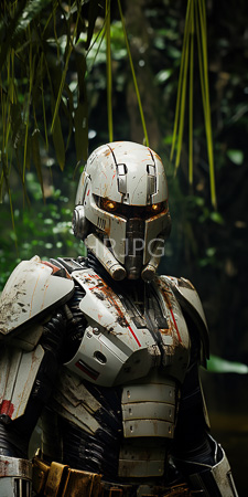 High Resolution: Armored futuristic soldier with white and black armor showing rust marks and glowing orange eyes visible through helmet visor download. | HRJPG.com