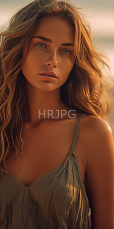 High Resolution: Attractive young woman with wavy sun-kissed blonde hair and light green eyes gazing directly at the camera in soft natural sunlight download. | HRJPG.com