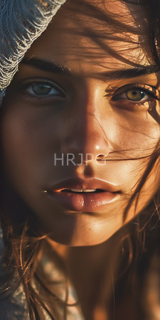 High Resolution: Attractive young woman with olive skin green eyes and full lips gazing directly at the camera under warm sunlight filtering through her dark brown hair download. | HRJPG.com