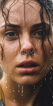 High Resolution: Intense wet-faced young woman with fair skin and blue eyes; her dark brown hair is soaked and clings to her face download. | HRJPG.com