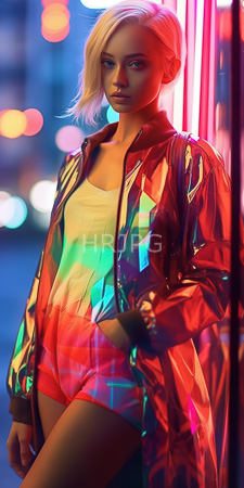 High Resolution: Attractive blonde woman with light skin wearing a colorful iridescent jacket over white tank top and red shorts download. | HRJPG.com