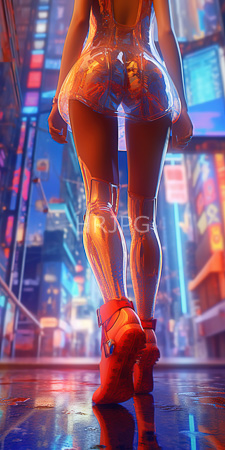 High Resolution: Androgynous figure with shiny metallic skin walking away in neon-lit urban night scene download. | HRJPG.com