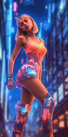 High Resolution: Attractive slender woman with light skin and blonde bob haircut in neon orange dress that accentuates her curves download. | HRJPG.com