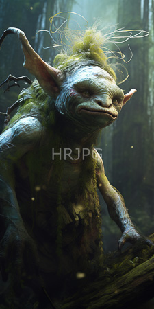 High Resolution: Eerie green-skinned goblin with large ears and wild hair in a mossy forest download. | HRJPG.com
