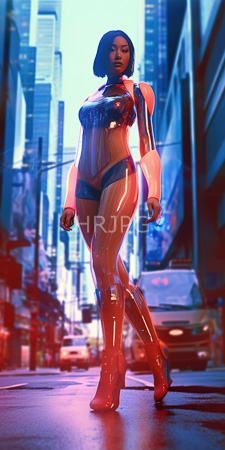 High Resolution: Attractive dark-skinned woman with short black hair in futuristic neon-lit cityscape at night download. | HRJPG.com