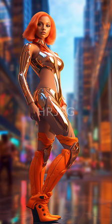 High Resolution: African-American woman with orange bob haircut wearing shiny metallic gold and bright-orange futuristic armor outfit download. | HRJPG.com