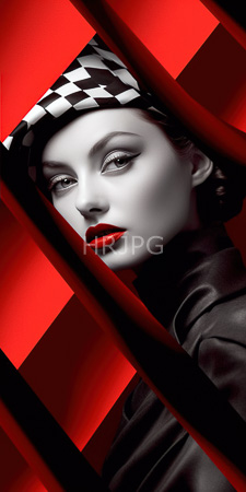 High Resolution: Elegant woman with pale skin red lipstick and black eyeliner wearing a checkered headscarf against bold diagonal stripes in shades of deep crimson-red-black on her face download. | HRJPG.com