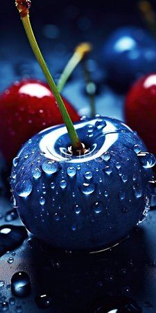 High Resolution: Three glossy dark blue cherries with water droplets on their surfaces and stems download. | HRJPG.com