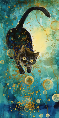 High Resolution: Vibrant abstract watercolor painting depicts an energetic black cat with yellow eyes leaping through swirling patterns of blue and teal hues download. | HRJPG.com