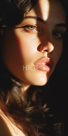 High Resolution: Attractive young woman with light brown skin dark wavy hair partially illuminated by sunlight casting dramatic shadows on her face download. | HRJPG.com