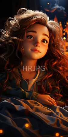 High Resolution: Animated young girl with long wavy brown hair and large expressive eyes gazing upward in soft light from below her bed covers download. | HRJPG.com