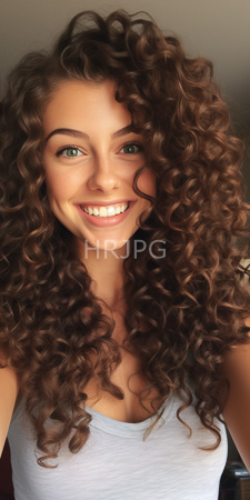 High Resolution: Smiling young woman with voluminous curly brown hair and green eyes wearing light gray tank top download. | HRJPG.com