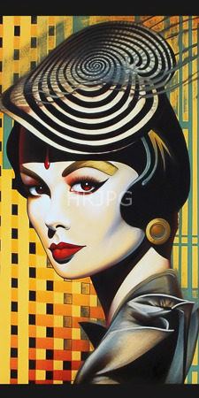 High Resolution: Art deco-style illustration of a woman with pale skin red lipstick and dark bobbed hair adorned by intricate black-and-white spiral patterns on her headpiece download. | HRJPG.com
