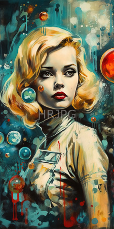 High Resolution: Abstract painting of a blonde woman with wavy hair and red lipstick set against a vibrant cosmic background filled with colorful splatters and floating orbs download. | HRJPG.com