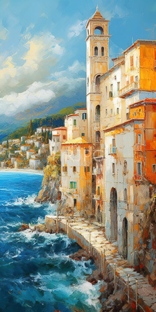 High Resolution: Oil painting depicting a vibrant coastal Italian village with colorful weathered buildings clustered on rocky cliffs overlooking turquoise waves download. | HRJPG.com