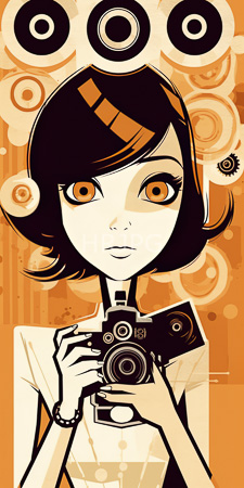 High Resolution: Anime-style young woman with short black hair large orange eyes and pale skin holding vintage cameras against an abstract background download. | HRJPG.com
