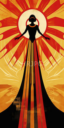 High Resolution: Abstract black silhouette of a woman with outstretched arms and long flowing dress against vibrant red-orange sunburst background download. | HRJPG.com