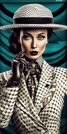 High Resolution: Elegant woman with fair skin and dark wavy hair wearing black lipstick under a checkered hat matching her houndstooth-patterned suit jacket download. | HRJPG.com