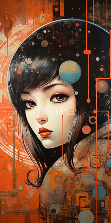 High Resolution: Portrait of an ethereal young woman with pale skin large brown eyes and dark wavy hair against vibrant orange background adorned with geometric patterns download. | HRJPG.com