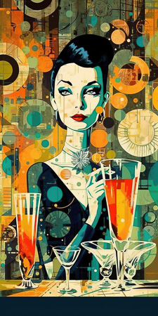 High Resolution: Elegant woman with pale skin black updo hairstyle and red lipstick holding two tall glasses filled with orange-red liquid download. | HRJPG.com