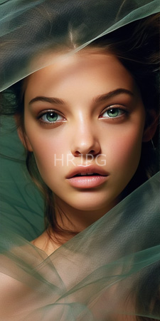 High Resolution: Attractive young woman with fair skin green eyes and full lips gazing directly at the viewer through semi-transparent teal fabric that frames her face download. | HRJPG.com
