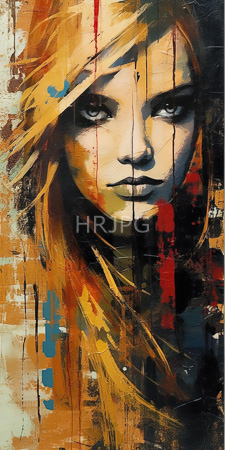 High Resolution: Abstract painting of a young woman with intense eyes and long blonde hair blending into vibrant splashes of orange red blue black paint drips download. | HRJPG.com