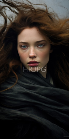 High Resolution: Ethereal young woman with fair skin blue eyes and long reddish-brown hair flowing wildly around her face against a gray background download. | HRJPG.com