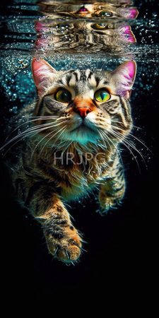 High Resolution: Tabby cat with green eyes orange nose and pink inner ears swimming underwater towards the camera download. | HRJPG.com