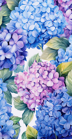 High Resolution: Vibrant hydrangeas in shades from light blue to pink with detailed petals and green leaves surrounding them against white background download. | HRJPG.com