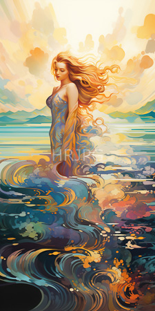 High Resolution: Ethereal woman with flowing blonde hair standing waist-deep in swirling water under a radiant sunset sky download. | HRJPG.com