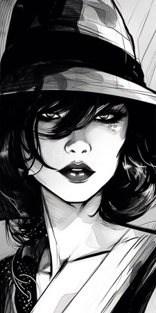 High Resolution: Intricate black-and-white drawing of a young woman with striking features and intense expression download. | HRJPG.com