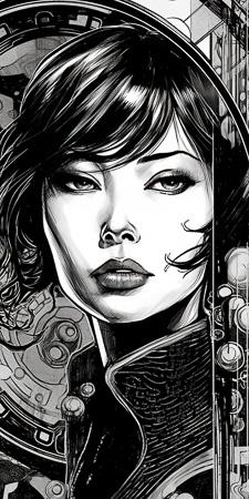 High Resolution: Intricate black-and-white drawing in manga style depicting a close-up of a young woman with short dark hair and striking features download. | HRJPG.com