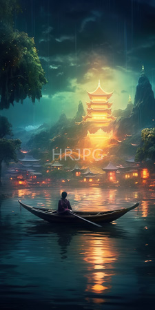 High Resolution: Asian man rowing in a narrow wooden boat on calm reflective water during rain at night download. | HRJPG.com