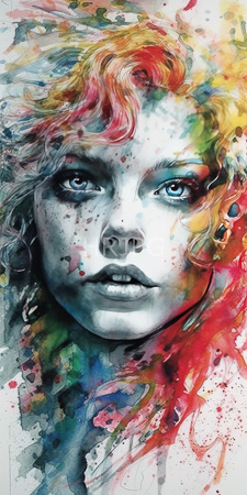 High Resolution: Abstract watercolor painting of a young woman's face featuring vibrant splashes and drips in reds greens blues yellows and blacks on white paper download. | HRJPG.com