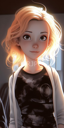 High Resolution: Anime-style young girl with fair skin large expressive eyes and wavy blonde hair illuminated by soft light from behind her head download. | HRJPG.com