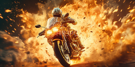High Resolution: Motorcyclist in full gear and helmet riding through intense flames with bright orange fire engulfing them from all sides download. | HRJPG.com