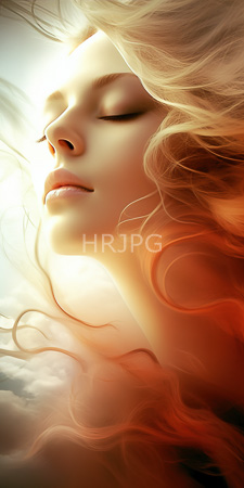 High Resolution: Ethereal fair-skinned woman with closed eyes and soft pink lips. Her long blonde hair transitions to fiery orange at its tips download. | HRJPG.com