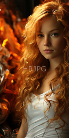 High Resolution: Attractive young woman with long wavy red hair and fair skin wearing a white tank top against a warm orange-hued background filled with metallic textures download. | HRJPG.com